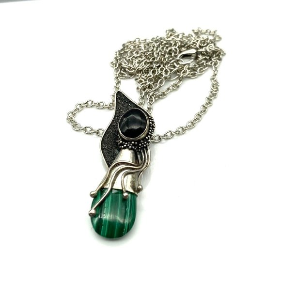 Vintage Abstract Sterling Silver Pendant with Malachite Teardrop and Onyx Stone